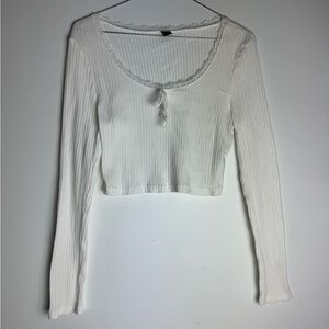 SHEIN White Ribbed Crop Top with Lace Trim